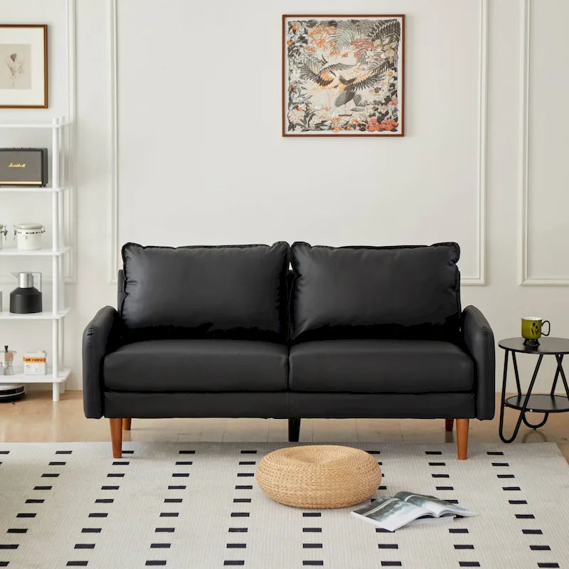 Contemporary Faux Leather Square Arm Sofa with Round Wood Legs, Multi-Color