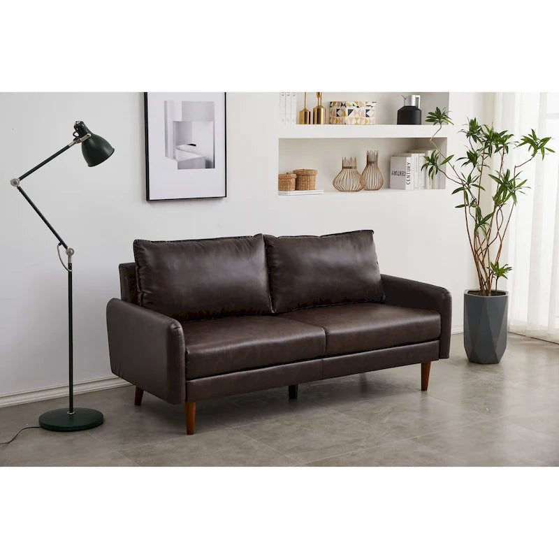 Contemporary Faux Leather Square Arm Sofa with Round Wood Legs, Multi-Color