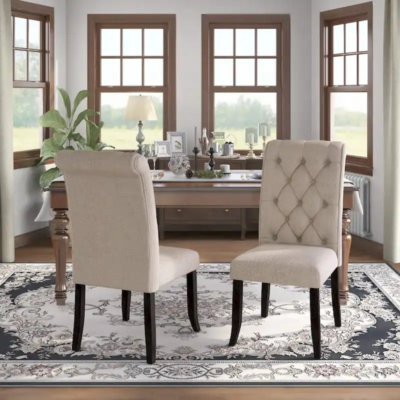 Farmhouse Diamond Button-Tufted Fabric Dining Chair with Scroll Back, Set of 2, Multi-Color