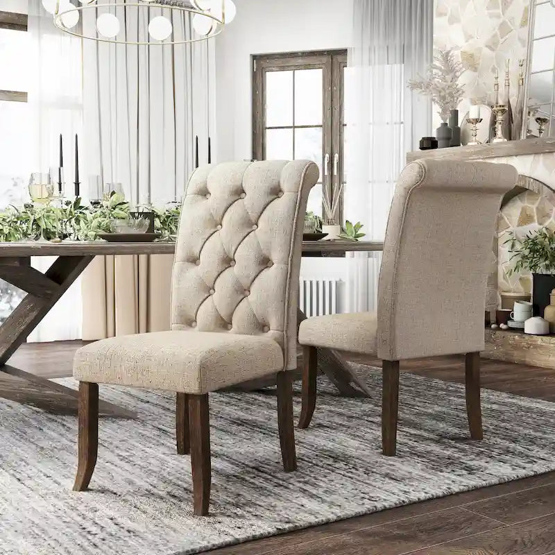 Farmhouse Diamond Button-Tufted Fabric Dining Chair with Scroll Back, Set of 2, Multi-Color