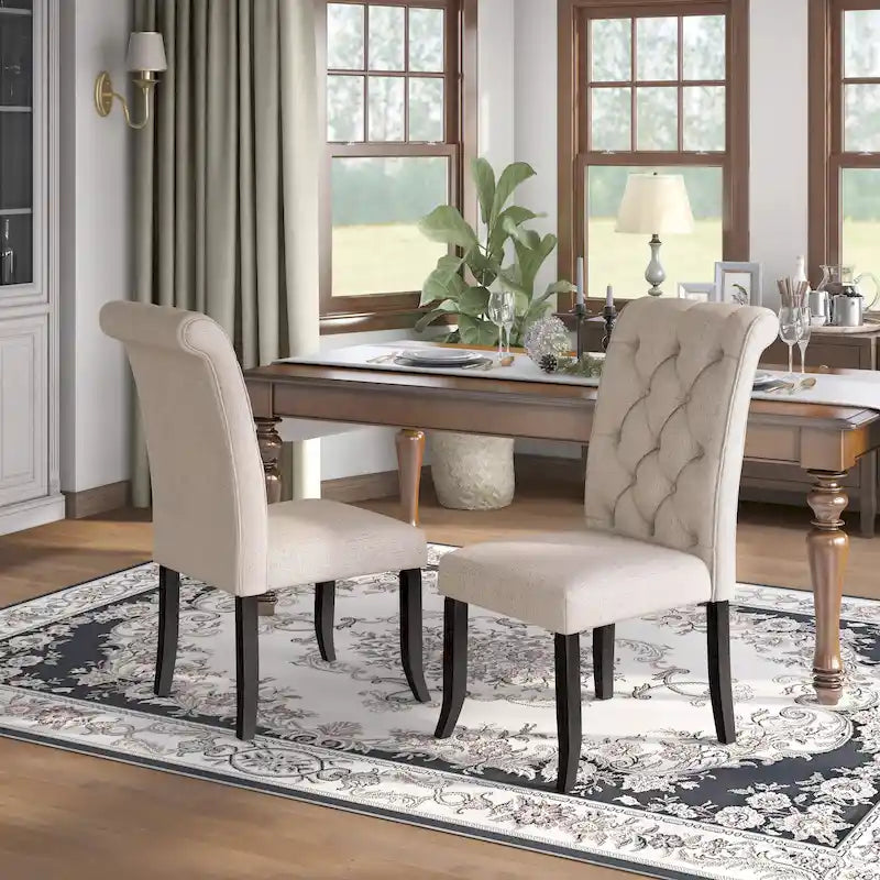Farmhouse Diamond Button-Tufted Fabric Dining Chair with Scroll Back, Set of 2, Multi-Color