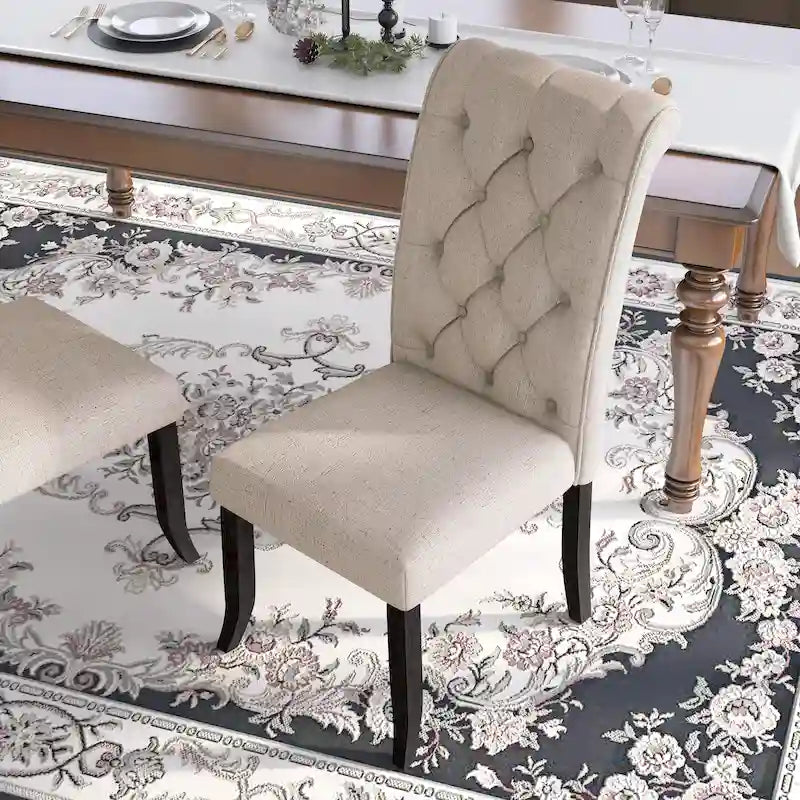Farmhouse Diamond Button-Tufted Fabric Dining Chair with Scroll Back, Set of 2, Multi-Color