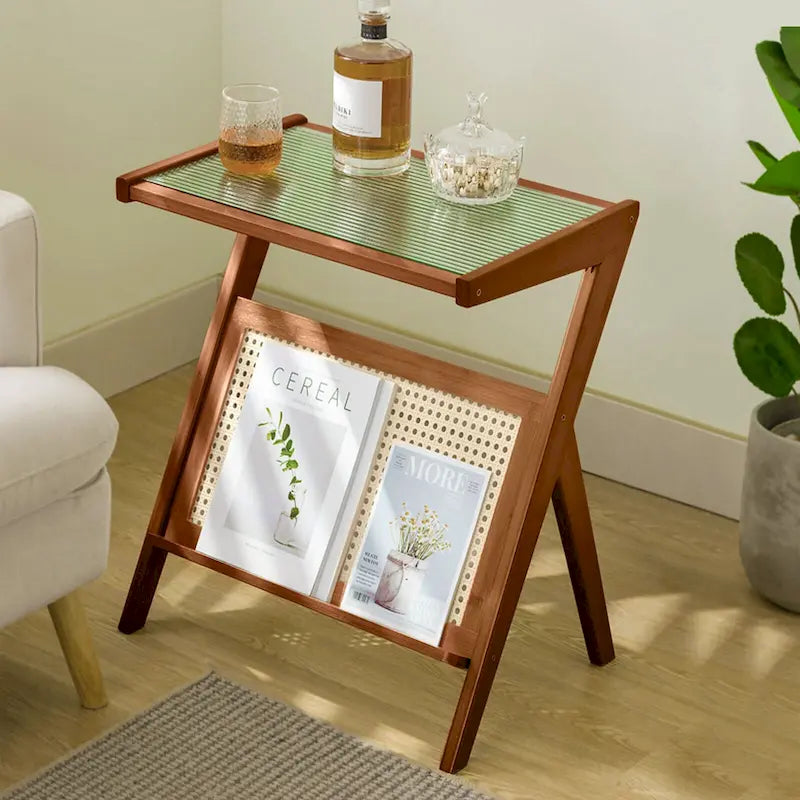 Bamboo Side and Coffee Table with Corrugated Glass Top and Magazine Rack, Multi-Color