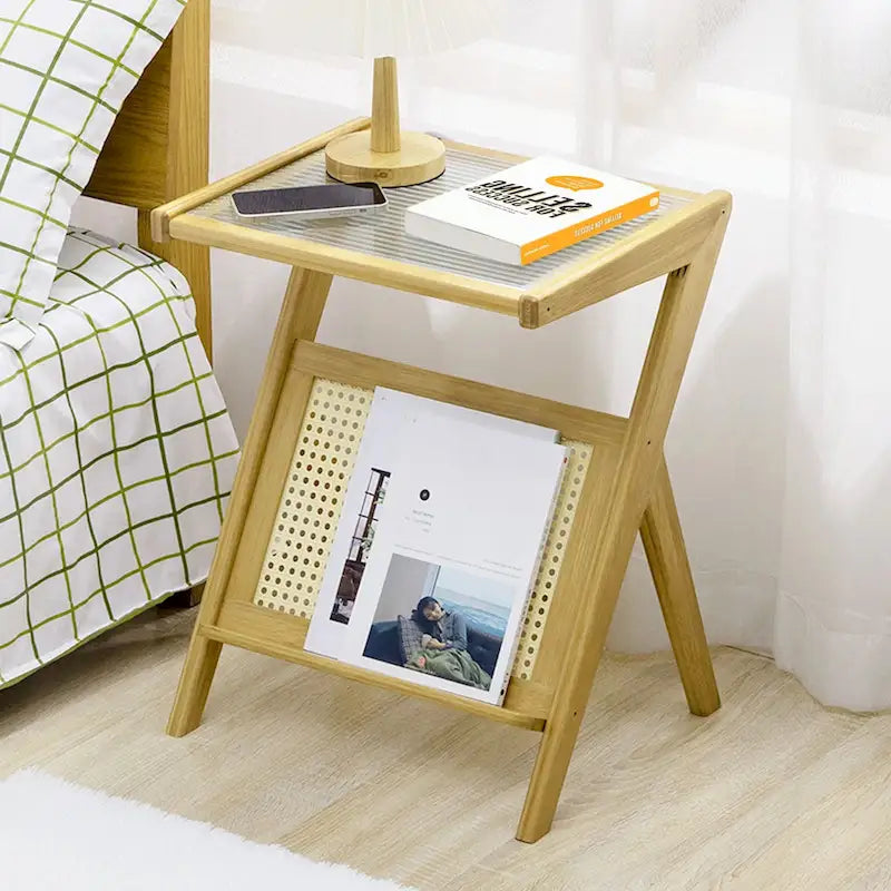 Bamboo Side and Coffee Table with Corrugated Glass Top and Magazine Rack, Multi-Color