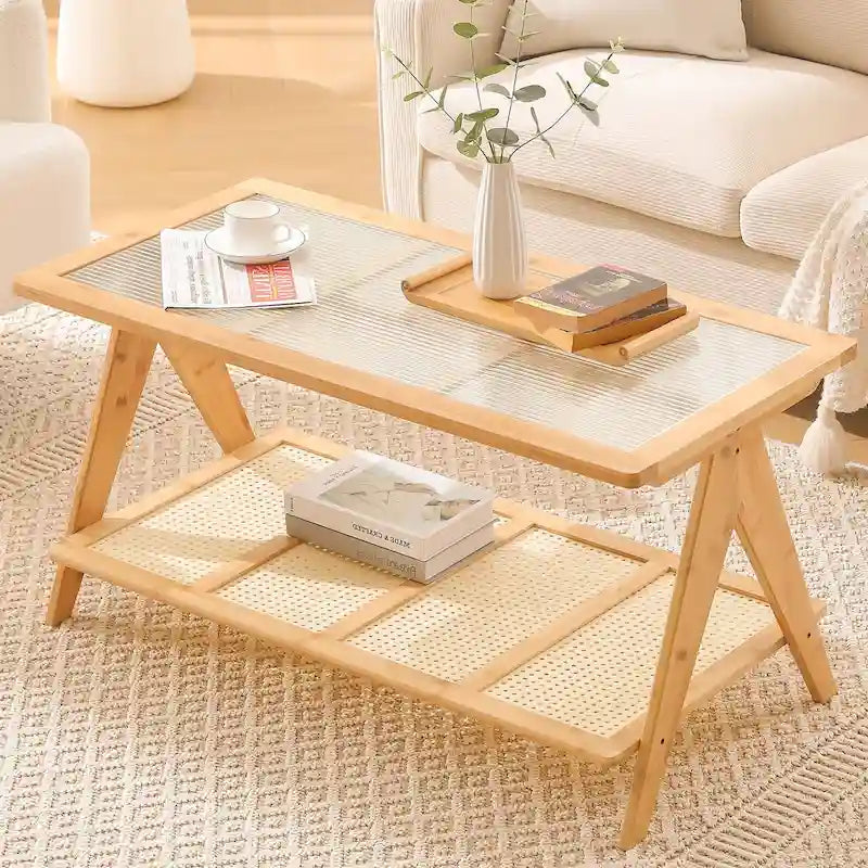 Bamboo Side and Coffee Table with Corrugated Glass Top and Magazine Rack, Multi-Color