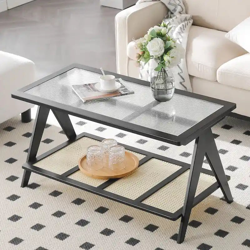 Bamboo Side and Coffee Table with Corrugated Glass Top and Magazine Rack, Multi-Color