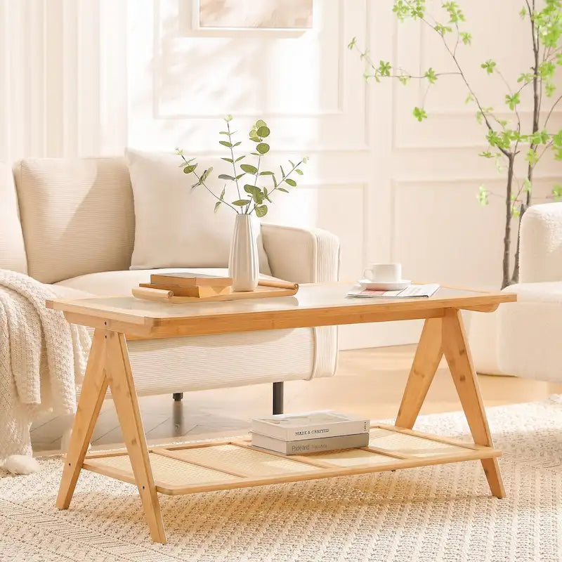Bamboo Side and Coffee Table with Corrugated Glass Top and Magazine Rack, Multi-Color