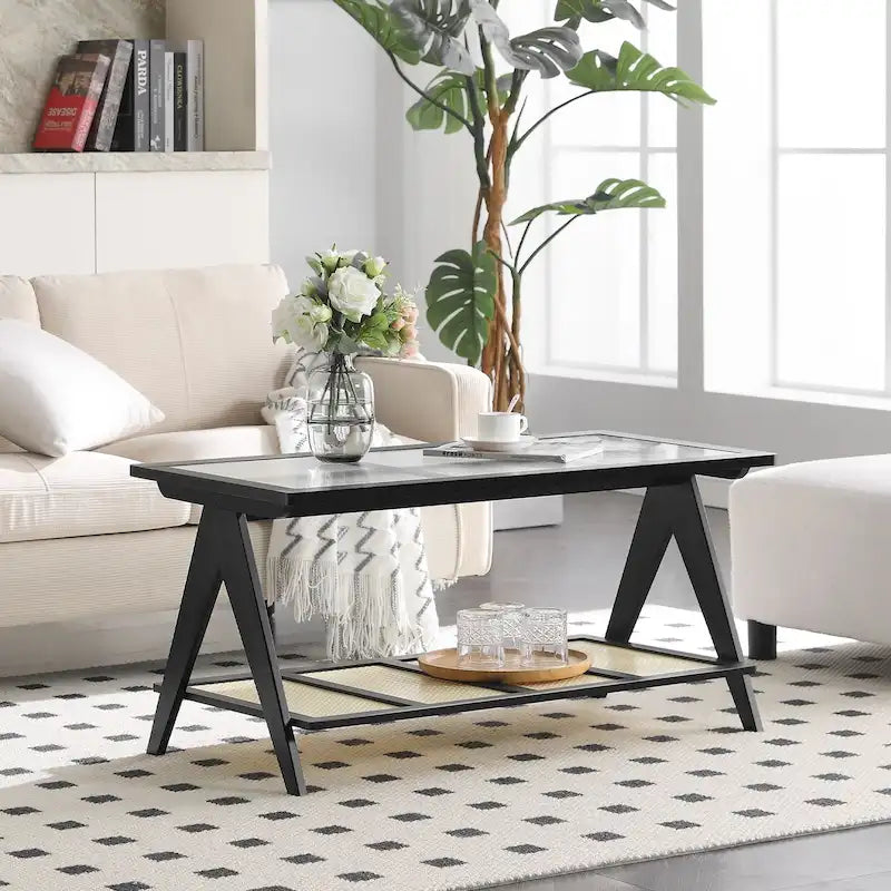 Bamboo Side and Coffee Table with Corrugated Glass Top and Magazine Rack, Multi-Color