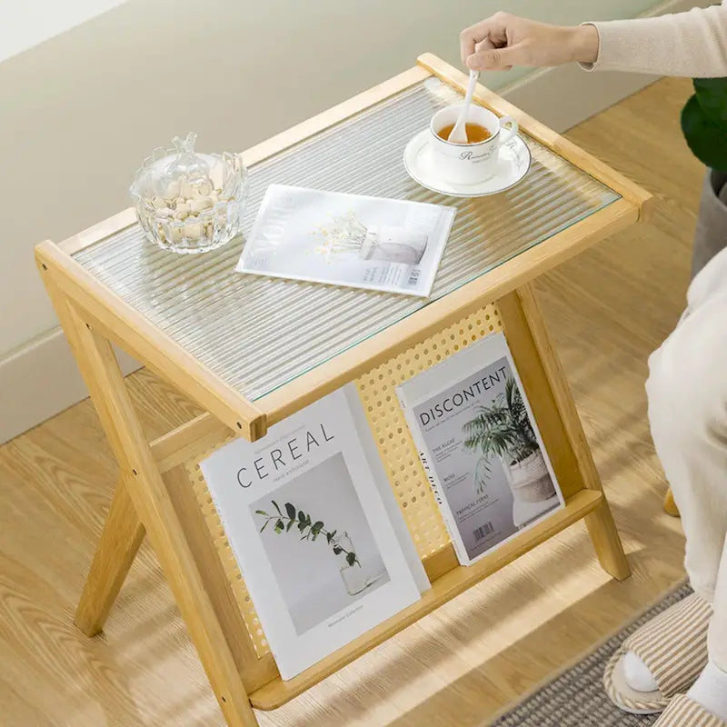 Bamboo Side and Coffee Table with Corrugated Glass Top and Magazine Rack, Multi-Color