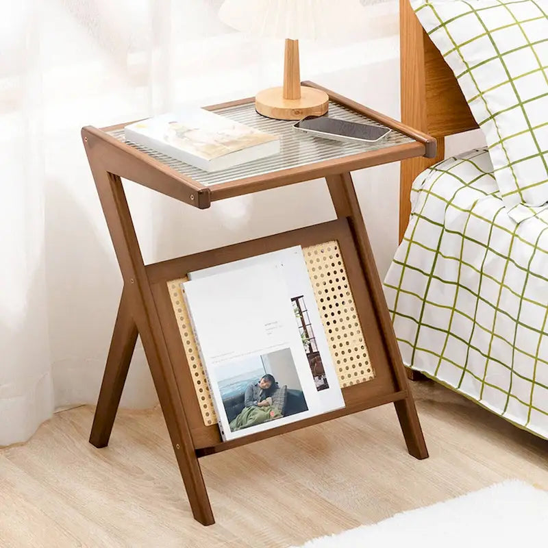 Bamboo Side and Coffee Table with Corrugated Glass Top and Magazine Rack, Multi-Color