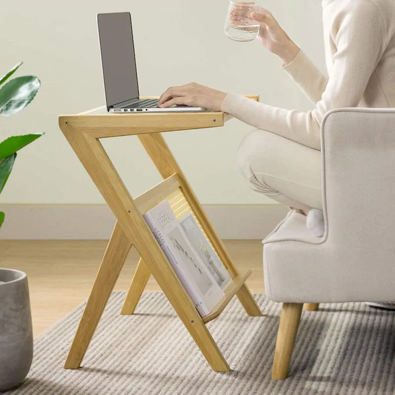Bamboo Side and Coffee Table with Corrugated Glass Top and Magazine Rack, Multi-Color