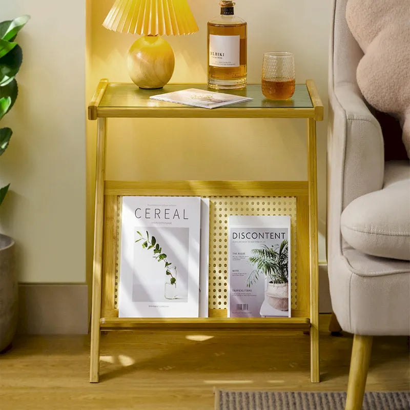 Bamboo Side and Coffee Table with Corrugated Glass Top and Magazine Rack, Multi-Color