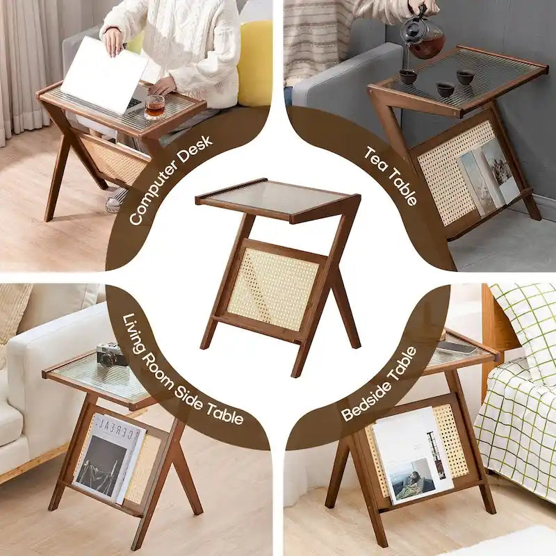Bamboo Side and Coffee Table with Corrugated Glass Top and Magazine Rack, Multi-Color