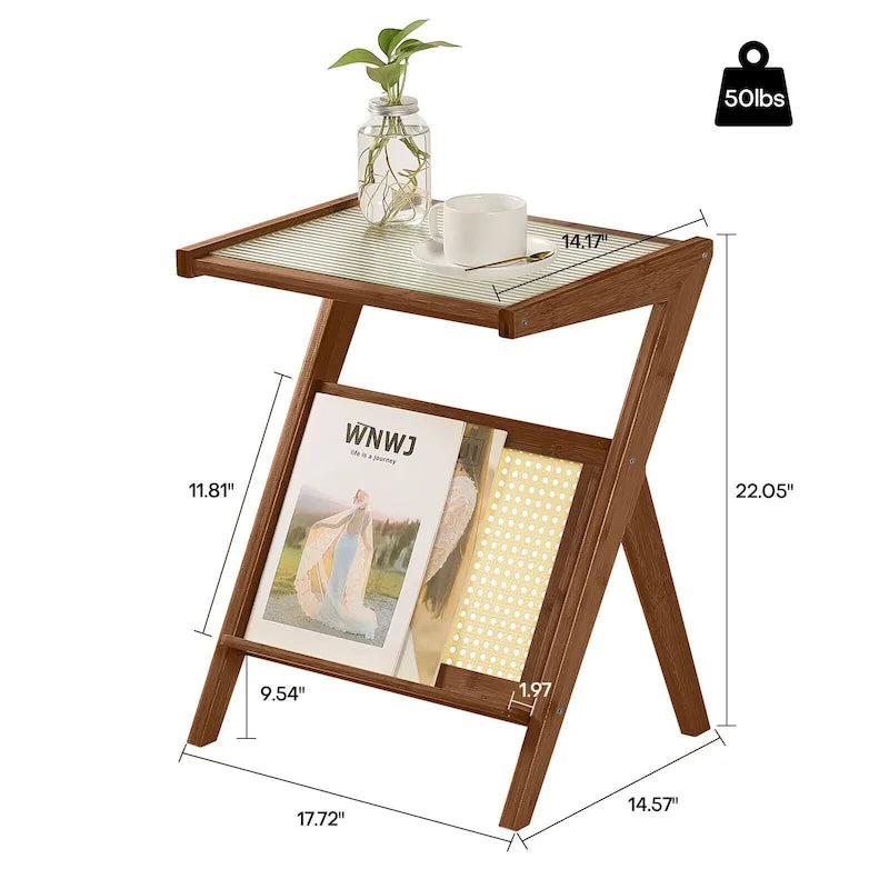 Bamboo Side and Coffee Table with Corrugated Glass Top and Magazine Rack, Multi-Color