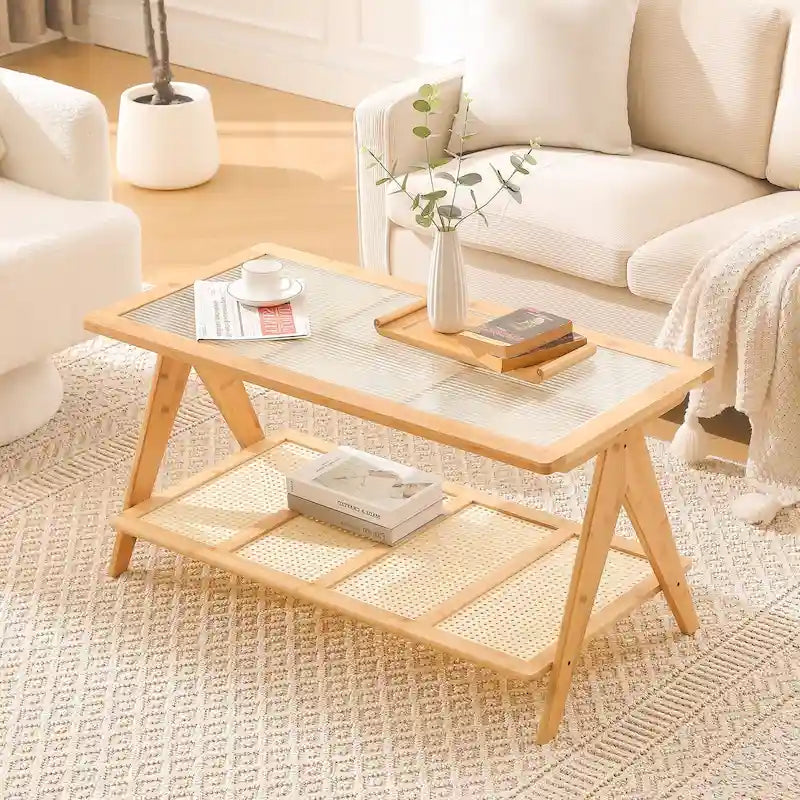 Bamboo Side and Coffee Table with Corrugated Glass Top and Magazine Rack, Multi-Color