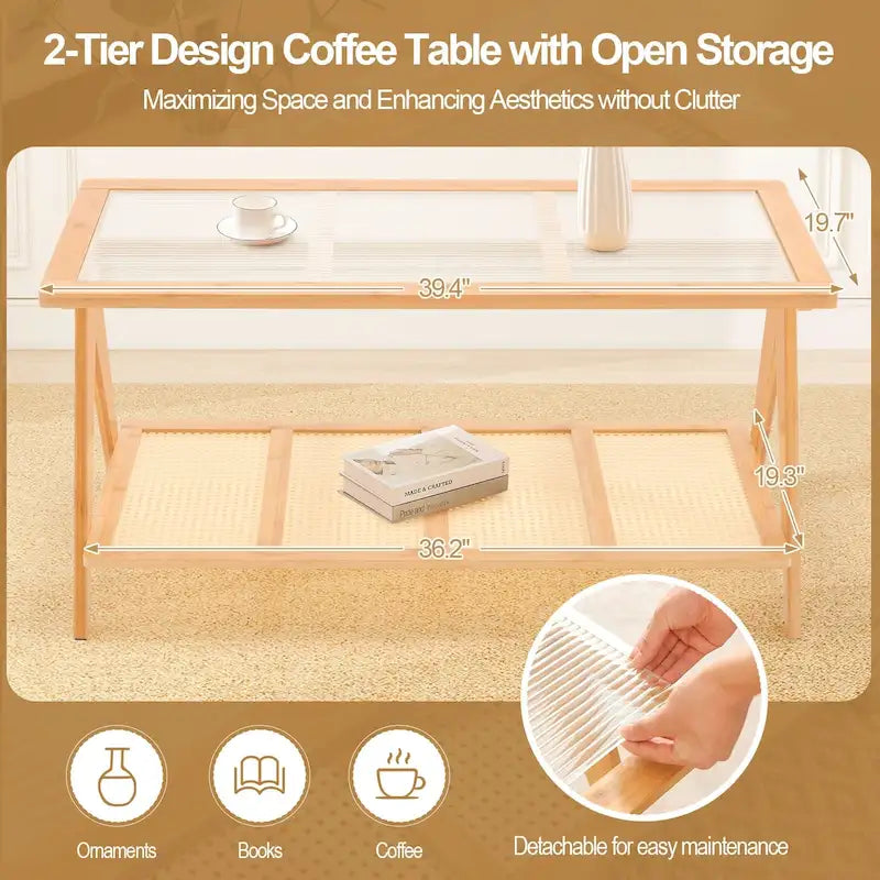 Bamboo Side and Coffee Table with Corrugated Glass Top and Magazine Rack, Multi-Color