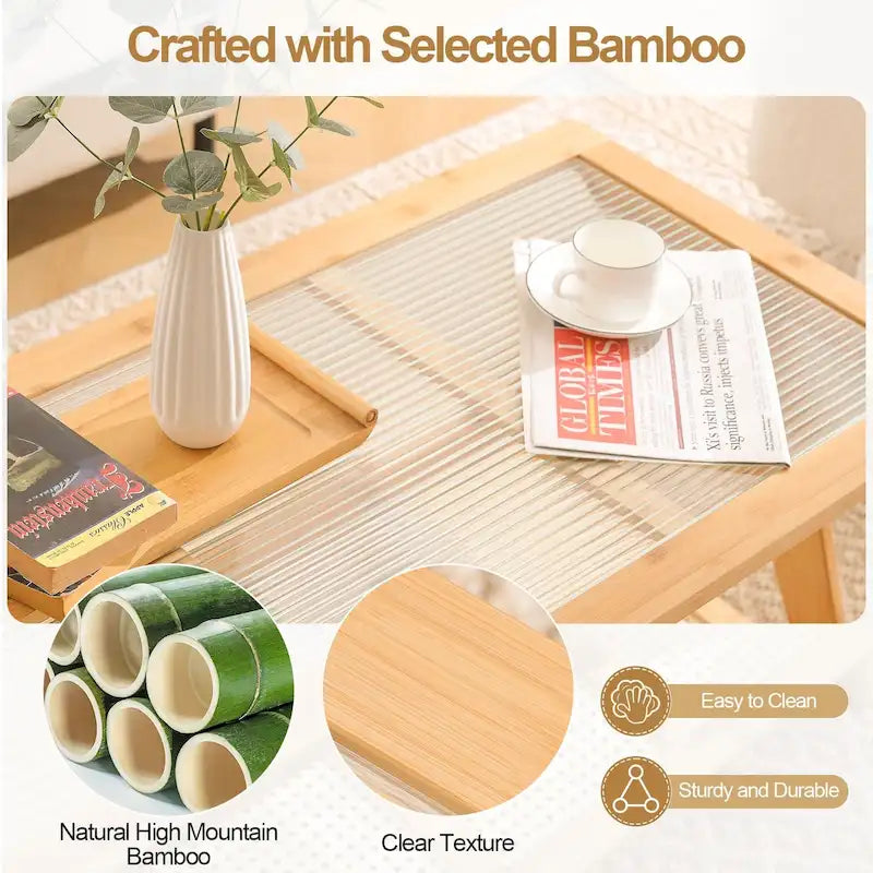 Bamboo Side and Coffee Table with Corrugated Glass Top and Magazine Rack, Multi-Color