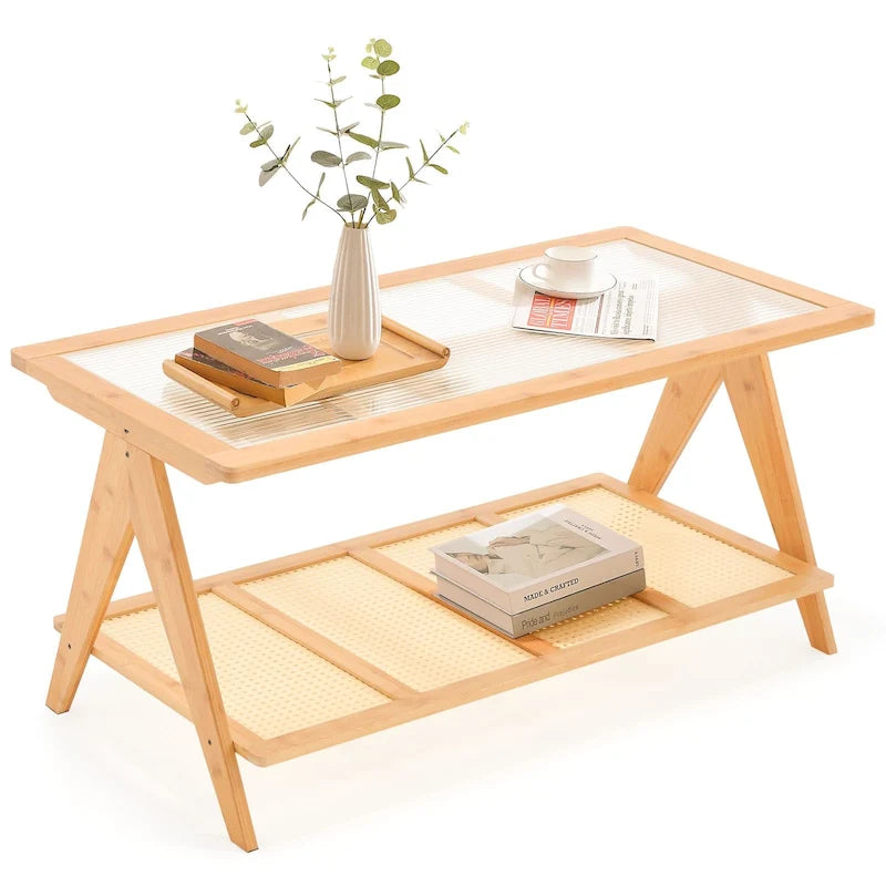 Bamboo Side and Coffee Table with Corrugated Glass Top and Magazine Rack, Multi-Color