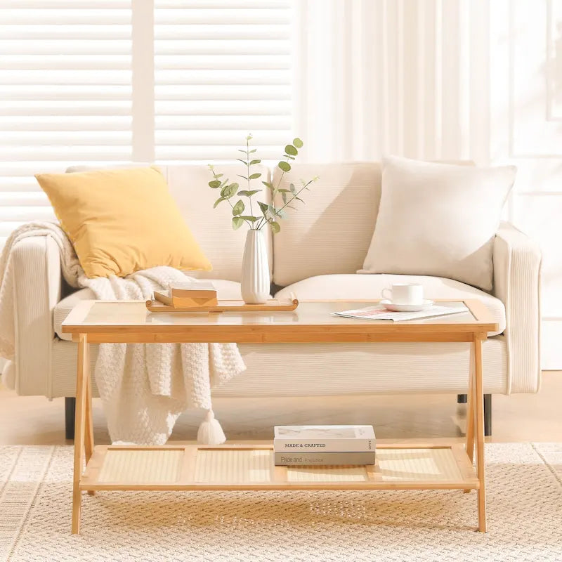Bamboo Side and Coffee Table with Corrugated Glass Top and Magazine Rack, Multi-Color