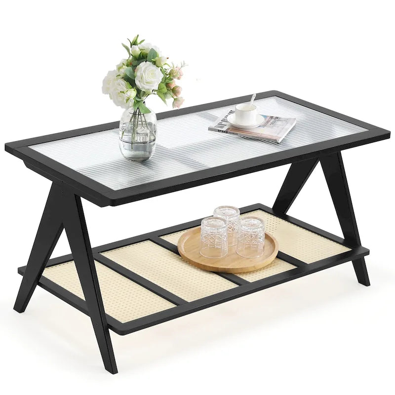 Bamboo Side and Coffee Table with Corrugated Glass Top and Magazine Rack, Multi-Color