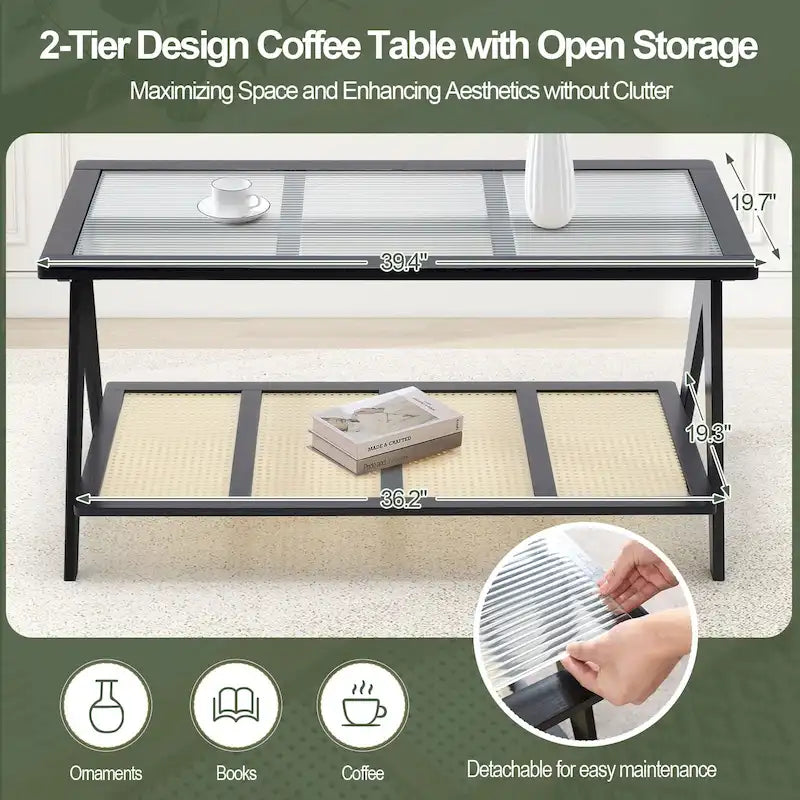 Bamboo Side and Coffee Table with Corrugated Glass Top and Magazine Rack, Multi-Color