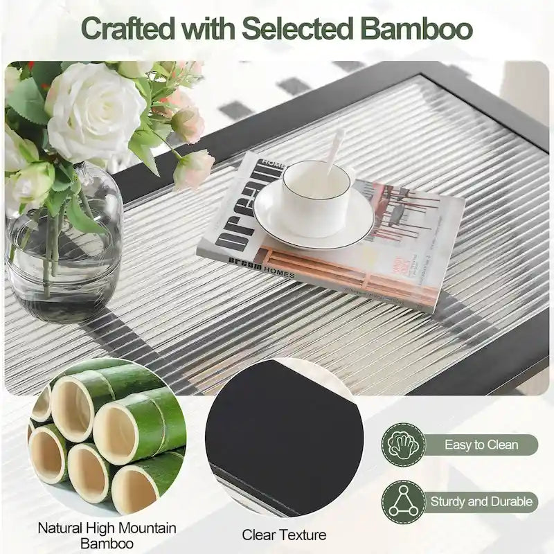 Bamboo Side and Coffee Table with Corrugated Glass Top and Magazine Rack, Multi-Color