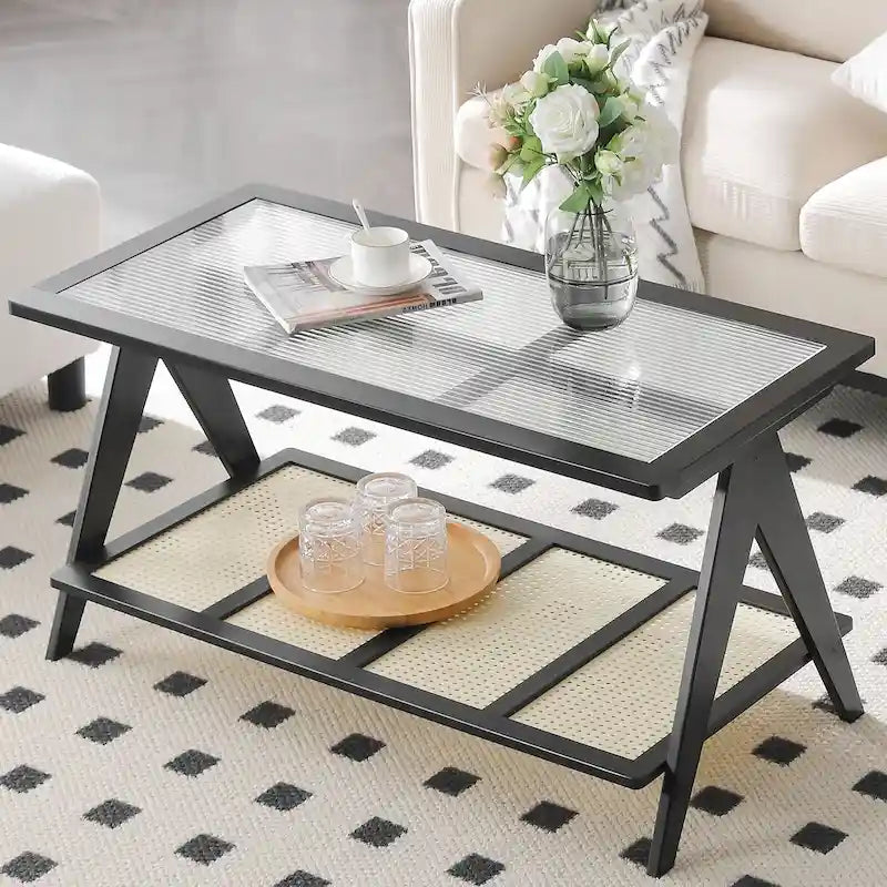 Bamboo Side and Coffee Table with Corrugated Glass Top and Magazine Rack, Multi-Color