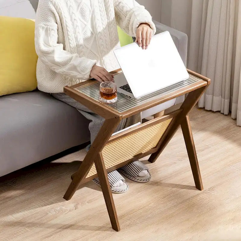 Bamboo Side and Coffee Table with Corrugated Glass Top and Magazine Rack, Multi-Color