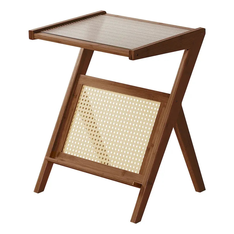 Bamboo Side and Coffee Table with Corrugated Glass Top and Magazine Rack, Multi-Color