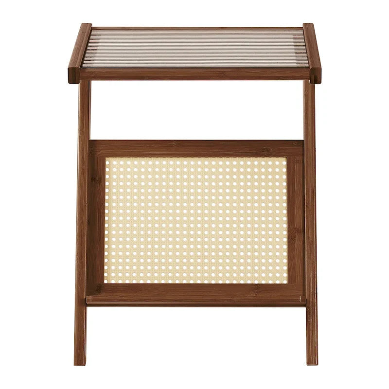Bamboo Side and Coffee Table with Corrugated Glass Top and Magazine Rack, Multi-Color