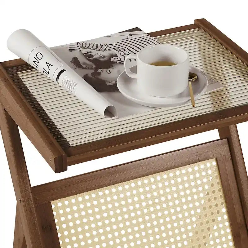 Bamboo Side and Coffee Table with Corrugated Glass Top and Magazine Rack, Multi-Color