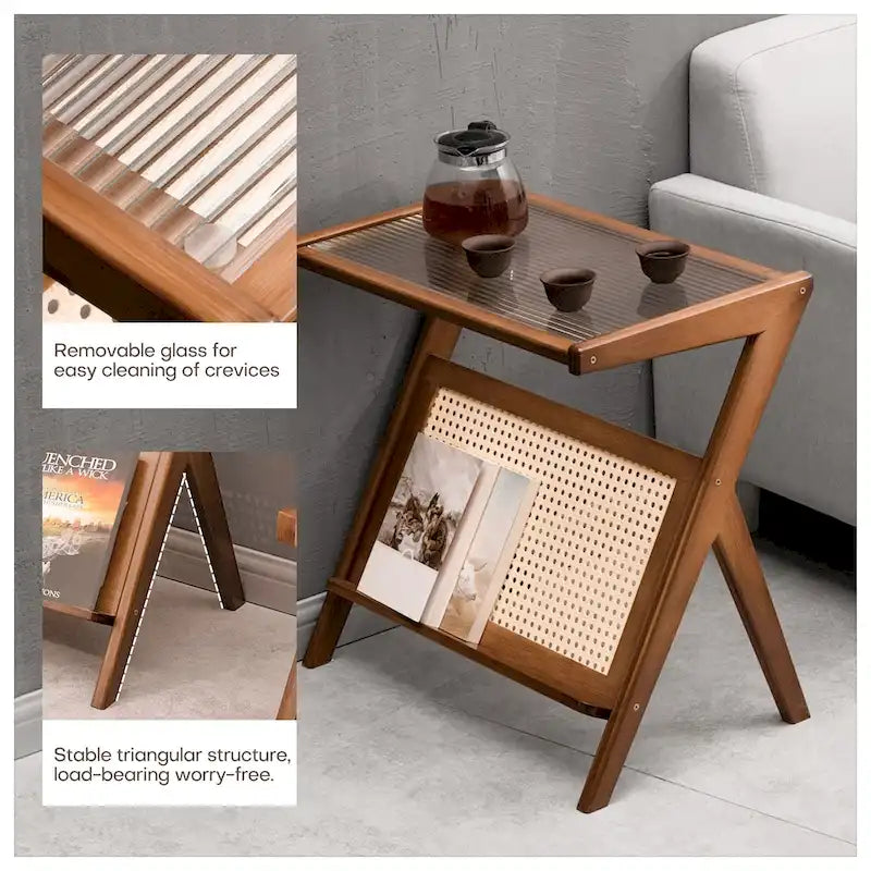 Bamboo Side and Coffee Table with Corrugated Glass Top and Magazine Rack, Multi-Color