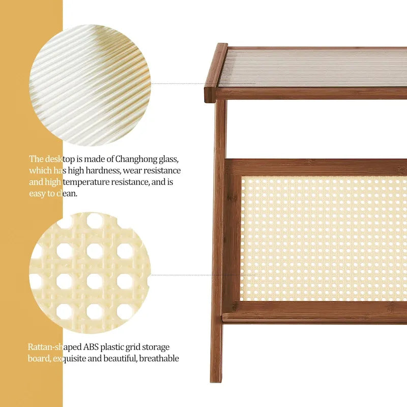Bamboo Side and Coffee Table with Corrugated Glass Top and Magazine Rack, Multi-Color