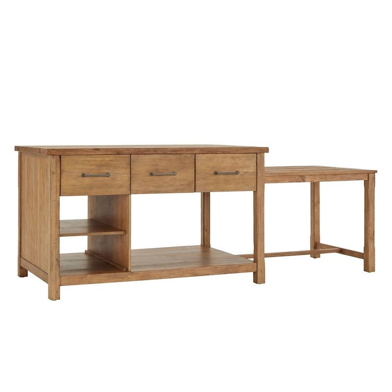 Reclaimed-Look Carbonized Pine Extendable Kitchen Island with 3 Drawers and Open Shelf, Multi-Finish