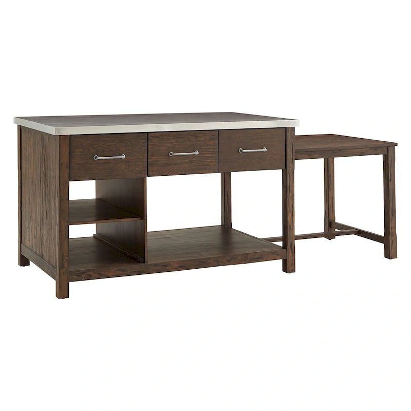 Reclaimed-Look Carbonized Pine Extendable Kitchen Island with 3 Drawers and Open Shelf, Multi-Finish
