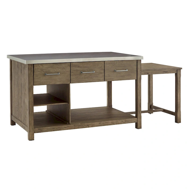 Reclaimed-Look Carbonized Pine Extendable Kitchen Island with 3 Drawers and Open Shelf, Multi-Finish