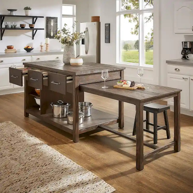 Reclaimed-Look Carbonized Pine Extendable Kitchen Island with 3 Drawers and Open Shelf, Multi-Finish