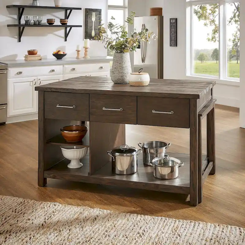 Reclaimed-Look Carbonized Pine Extendable Kitchen Island with 3 Drawers and Open Shelf, Multi-Finish