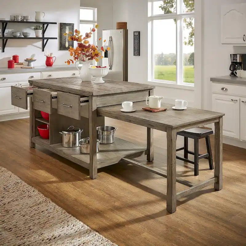 Reclaimed-Look Carbonized Pine Extendable Kitchen Island with 3 Drawers and Open Shelf, Multi-Finish
