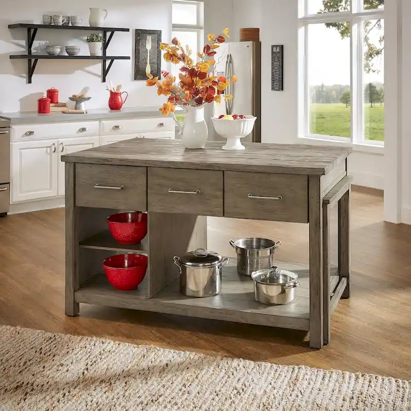 Reclaimed-Look Carbonized Pine Extendable Kitchen Island with 3 Drawers and Open Shelf, Multi-Finish
