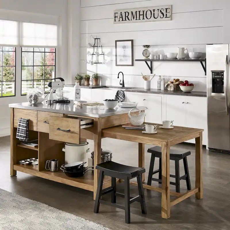 Reclaimed-Look Carbonized Pine Extendable Kitchen Island with 3 Drawers and Open Shelf, Multi-Finish
