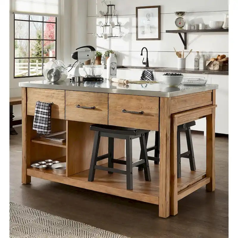 Reclaimed-Look Carbonized Pine Extendable Kitchen Island with 3 Drawers and Open Shelf, Multi-Finish