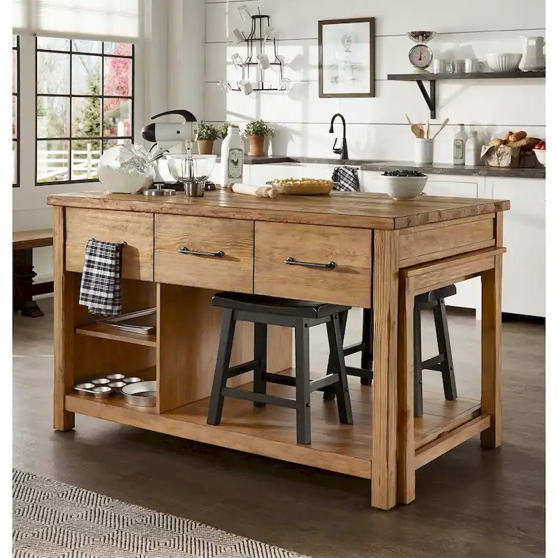 Reclaimed-Look Carbonized Pine Extendable Kitchen Island with 3 Drawers and Open Shelf, Multi-Finish