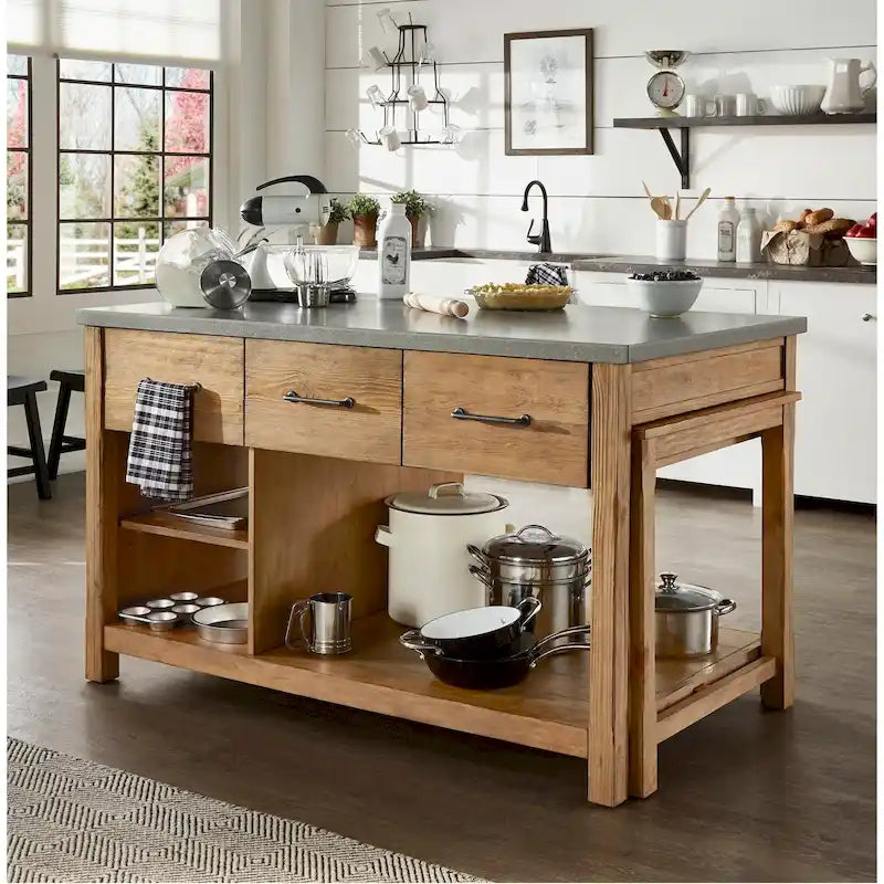 Reclaimed-Look Carbonized Pine Extendable Kitchen Island with 3 Drawers and Open Shelf, Multi-Finish