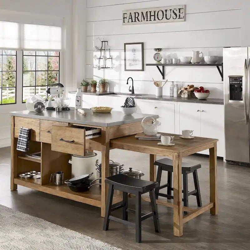 Reclaimed-Look Carbonized Pine Extendable Kitchen Island with 3 Drawers and Open Shelf, Multi-Finish