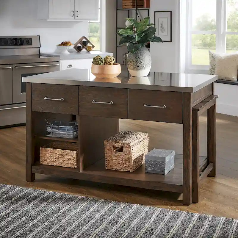 Reclaimed-Look Carbonized Pine Extendable Kitchen Island with 3 Drawers and Open Shelf, Multi-Finish
