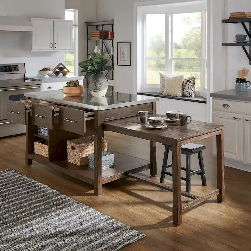 Reclaimed-Look Carbonized Pine Extendable Kitchen Island with 3 Drawers and Open Shelf, Multi-Finish