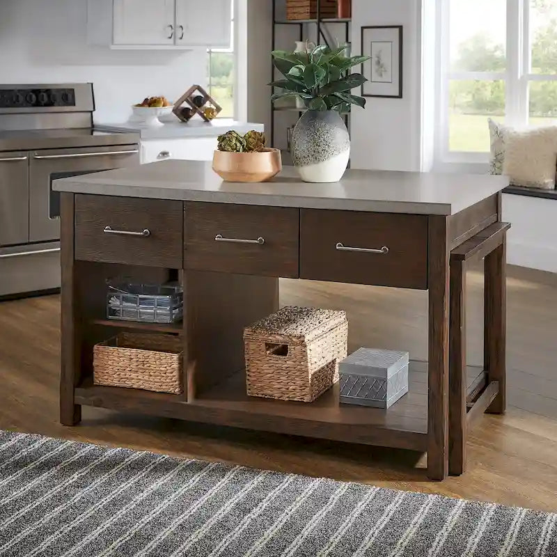 Reclaimed-Look Carbonized Pine Extendable Kitchen Island with 3 Drawers and Open Shelf, Multi-Finish
