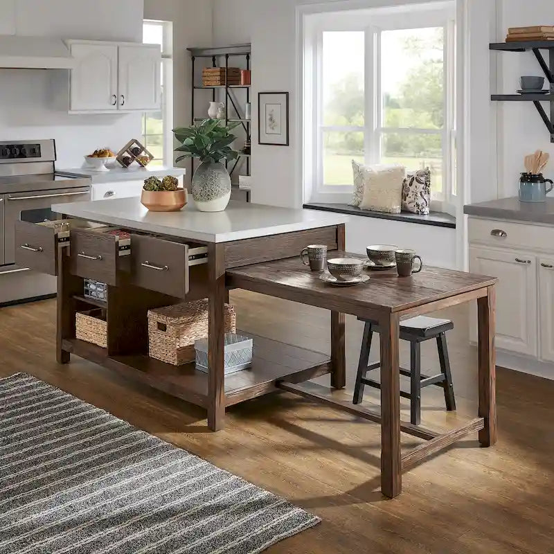 Reclaimed-Look Carbonized Pine Extendable Kitchen Island with 3 Drawers and Open Shelf, Multi-Finish