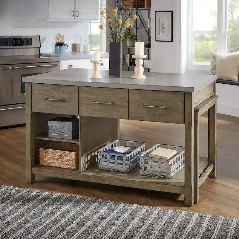 Reclaimed-Look Carbonized Pine Extendable Kitchen Island with 3 Drawers and Open Shelf, Multi-Finish